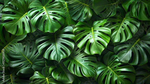 A stunning close-up of lush green Monstera leaves creates a serene and vibrant backdrop, showcasing the beauty of nature and its calming effects in indoor spaces.