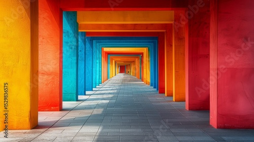Boldly colored walls create a stunning architectural passageway, inviting the viewer to explore its depth. The vibrant hues reflect a sense of creativity and modern design.