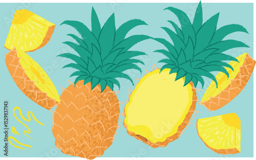 Vector Illustration of Pineapple – Whole, Sliced, Wedge, and Half Views