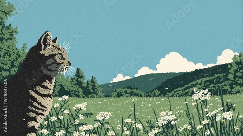 tabby cat in italian countryside with green fields and flowers vector illustration