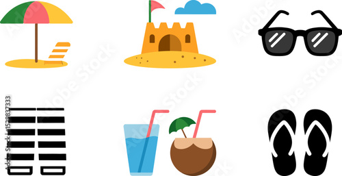 Beach summer vacation holiday icons set vector illustration summertime travel relax fun sun 100 characters editable stock vector illustration