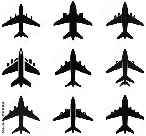 Set of Black Airplane Silhouettes for Graphic Design