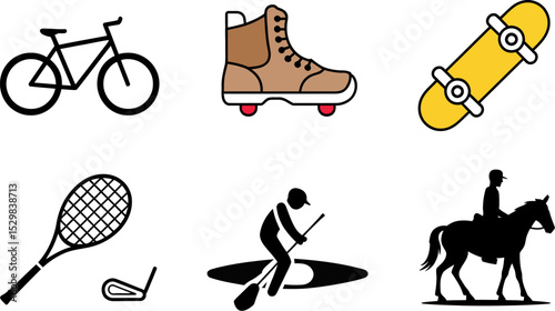 Vector sports recreation activities icons set bicycle roller skate skateboard tennis golf kayak horse riding editable stock vector illustration