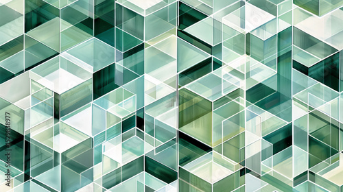 Abstract geometric futuristic background floating transparent cubes, muted tones, isometric perspective, soft shadows dynamic design pattern depth and 3D look architecture shapes art