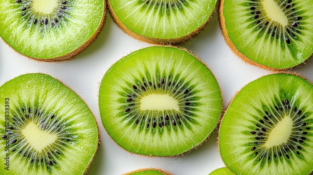 Fototapeta premium Close-up image of several fresh, sliced kiwi fruits showing their vibrant green flesh and black seeds on a white background.