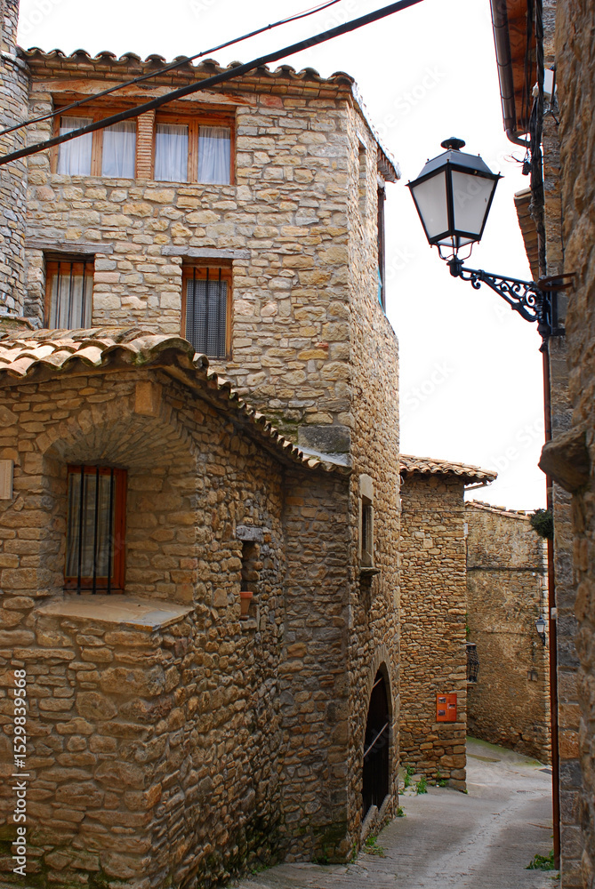 Fototapeta premium Architectural details of the stone constructions in the town of Ainsa, very close to the Pyrenees Mountains