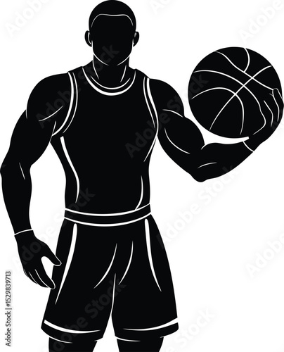 Dynamic black vector illustration of a muscular basketball player silhouette holding a ball, perfect for sports and fitness themes