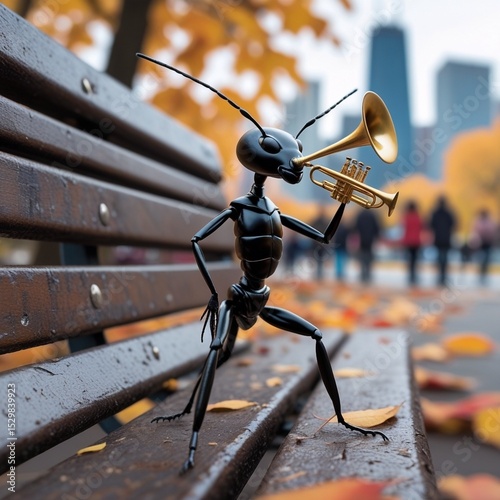 A 4K close-up of a black ant conducting a brass band on a weathered bench in a city park, surrounded by blurred figures, autumn leaves, and skyscrapers, gives a jazzy urban park feel.