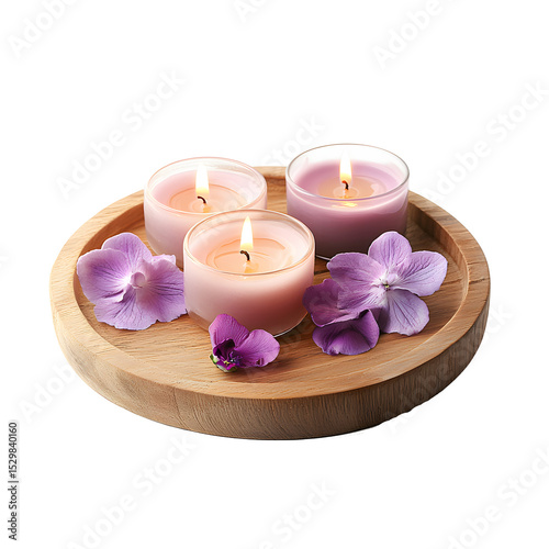 Three Burning Candles and Flowers on Wooden Tray
