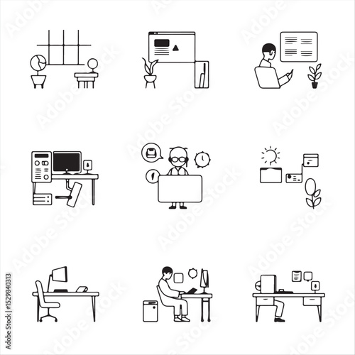 Clean, timeless icons in a classic black and white flat design.  The set depicts aspects of the future of work hybrid workspaces, asynchronous collaboration tools, digital nomad workstations