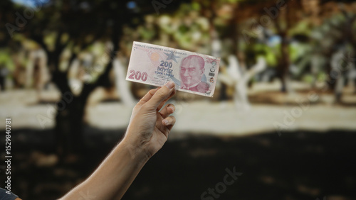 Hand holding turkish lira banknote outdoors in a park with trees, depicting a man under sunlight, highlighting currency in a natural garden setting.