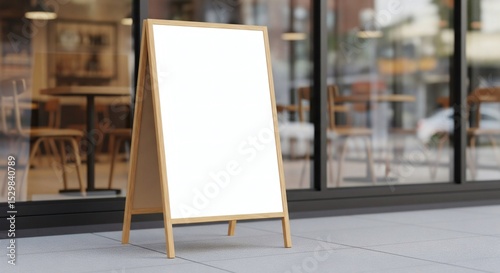  A blank sandwich board stands outside a modern cafe on a sunny street, inviting customers to read upcoming specials or announcements. 
