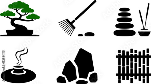 Zen garden elements vector graphic design illustration set bonsai rake stones incense bamboo peaceful 100 editable stock vector illustration