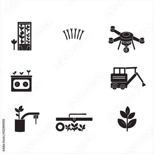 Create six monochrome icons in a simple, bold style vertical farming systems, drones, precision agriculture sensors, automated harvesters, smart irrigation, and soil analysis tools.  Geometric shapes