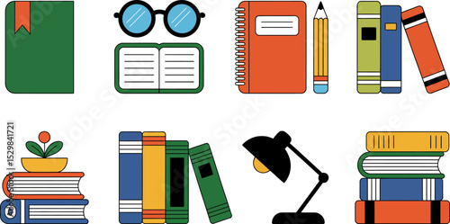 Books study education reading learning knowledge school library glasses notebook pencil lamp vector art editable stock vector illustration