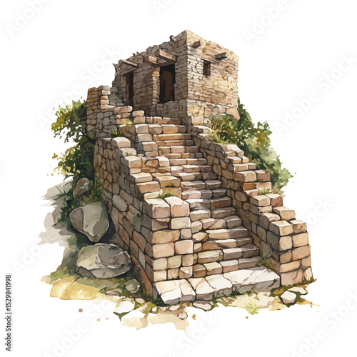 watercolor vector of Inca Ruins, isolated on a white background.