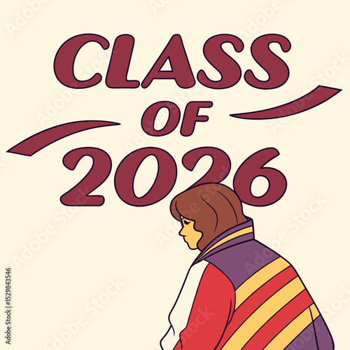 Class of 2026 graduate girl retro style illustration