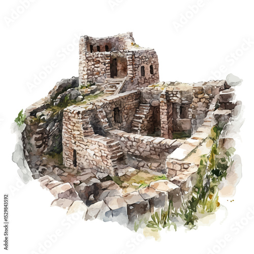 Inca Ruins, watercolor illustration vector, isolated on a white background.