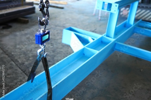 Industrial crane scale for weighing steel beam. Accurate load control. Compact electronic industrial crane scale is used to perform control weighing of suspended metal beam.