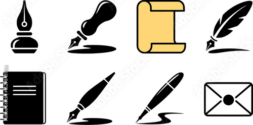 Writing tools vector set: ink, quill, pen, paper, notebook, letter, stationery icon design elements editable stock vector illustration