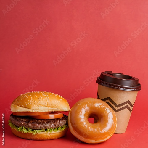 Classic fast food combo with burger, glazed donut and coffee cup arrangement