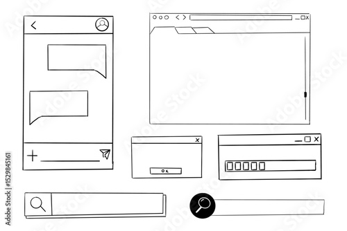 Retro window browser frame y2k interface doodle old border, chat or dialog box, player search box. Desktop ui screen vintage aesthetic. 