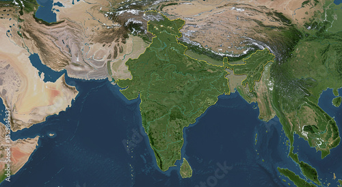 Satellite view showcasing the Indian subcontinent, highlighting its diverse geography and landmasses.