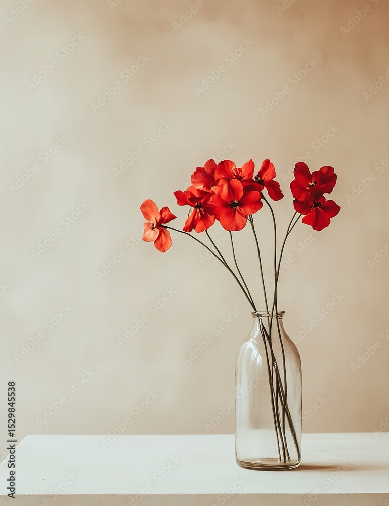 Fototapeta premium Minimalist Composition of Red Chrysanthemums in a Glass Vase with Soft Window Light and Shadows on a White Wall