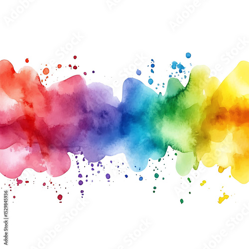 Rainbow watercolor banner background on white. Pure vibrant watercolor colors. Creative paint gradients, fluids, splashes, spray and stains. Abstract background. Watercolor hand drawn rainbow