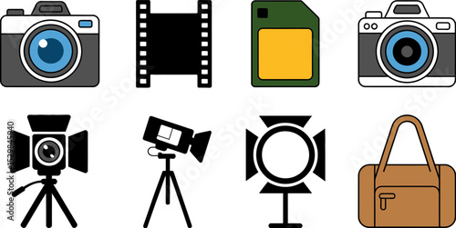 Camera equipment icon set photography film video sd card light bag vector illustration flat design style editable stock vector illustration