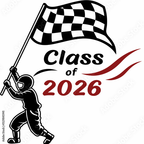 Class of 2026 racer celebrates victory with checkered flag