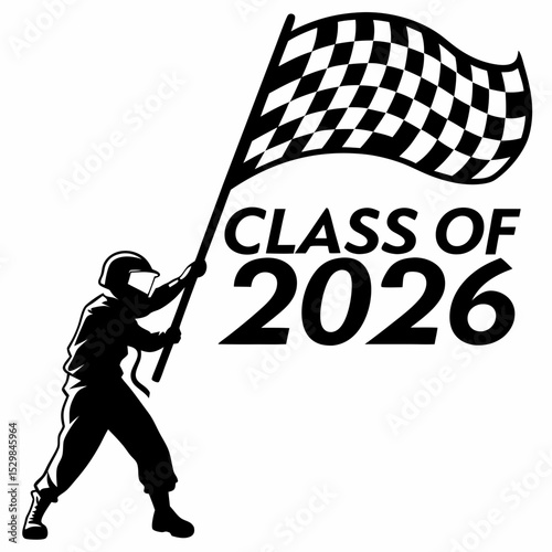 Class of 2026 graduation racer holding checkered flag
