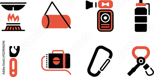 Camping gear checklist essentials equipment list outdoor adventure travel supplies and accessories icons set editable stock vector illustration