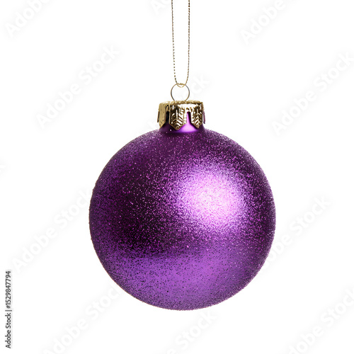 A vibrant purple Christmas ornament, hanging on a string.