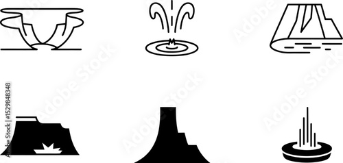 Volcanoes mountains nature landscape geological formations black and white line art vector icon set design editable stock vector illustration