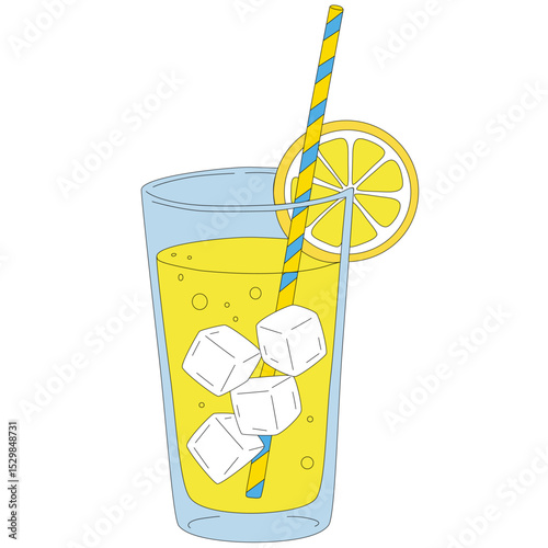 Lemonade in a glass with a slice of lemon and straw isolated on a white background. Vector illustration.