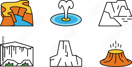 Vector landscape elements mountains canyon fountain iceberg volcano geology nature icons set design 100 editable stock vector illustration