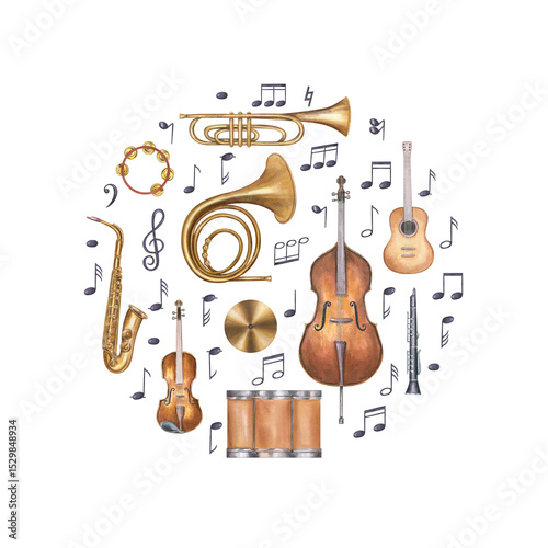 Watercolor circle composition with guitar, saxophone, violin, and other musical instruments with floating notes. Music illustration. For jazz festival posters, orchestra branding, music school decor