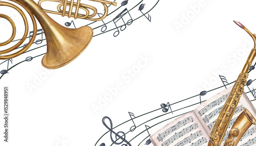 Musical frame with French horn, saxophone, sheet music book, and staff notes. Watercolor illustration isolated background. Empty space for text. For invitations, certificates, event programs