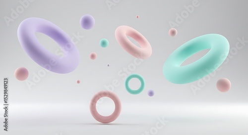 Abstract Pastel Torus Shapes Floating in White Space 3D Render
