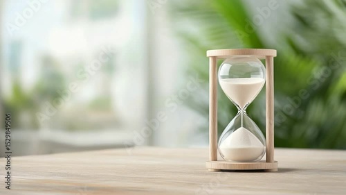 Time's Gentle Flow: Capturing the ephemeral nature of time. An hourglass, with sand cascading gently, evokes a sense of calm reflection against the backdrop of a blurred verdant garden.