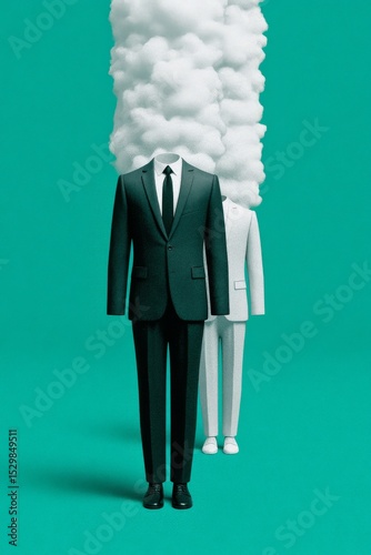 Abstract business figures surrounded by clouds digital art minimalist style conceptual environment unique perspective