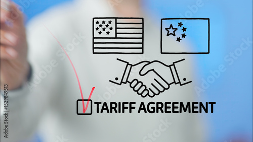 Politician ticking a checkbox for approving a new tariff agreement between the united states and china, engaging in a handshake to symbolize cooperation and mutual benefit in international trade