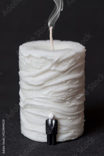 Candle melting with figurine dark background art photography minimalist composition close-up view concept of isolation