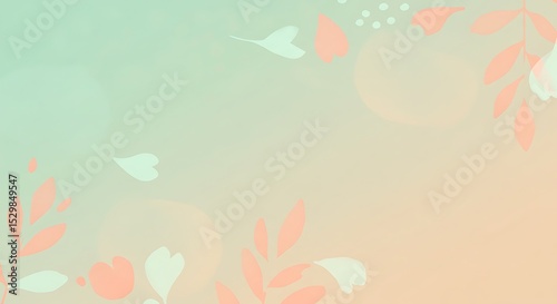 Pastel Floral Background Soft Peach and Mint Green Gradient with Delicate Leaf and Heart Design