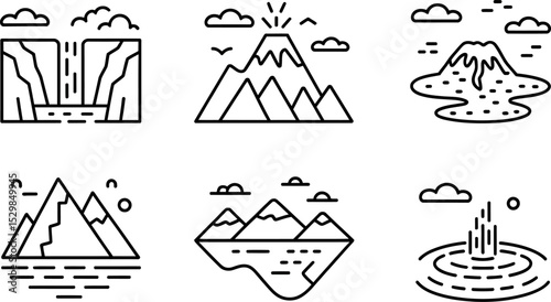 Vector nature landscape icons set mountain volcano waterfall geyser outline design minimal illustration editable stock vector illustration