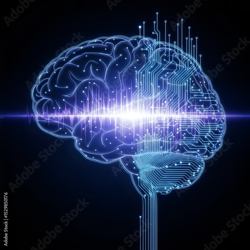 Artificial Intelligence Brain with Circuit Board and Data Flow