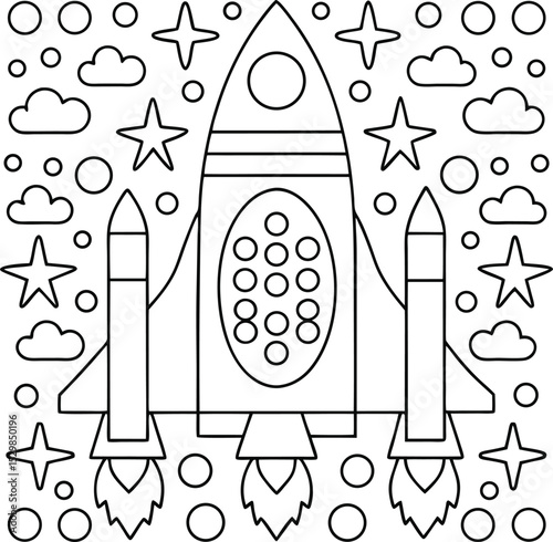 Rocket Ship Outline with Clouds, Stars, and Circles on Transparent Background
