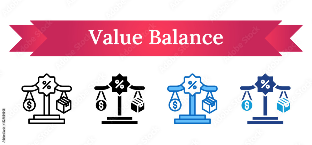 Obraz premium Value Balance Multi Style Icon - Scale balancing money and a box under a percentage, representing cost-efficiency and value evaluation