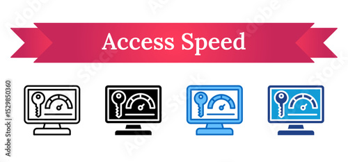 Access Speed Multi Style Icon - Key and speedometer on a monitor, symbolizing fast and secure system access